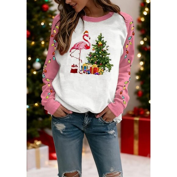 Women Christmas Flamingo Sweatshirt Cotton Blend Long Sleeve Casual Top - Picture 2 of 6